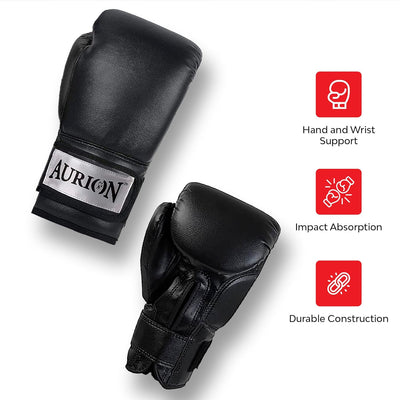 Aurion by 10Club Longlasting Faux Leather Pro Boxing Gloves - (Black | 10oz | 1pair) for Men and Women | Everlasting Boxing Gloves | Gym Equipment | Twin Punching Gloves | Sports Equipment | Kickboxing