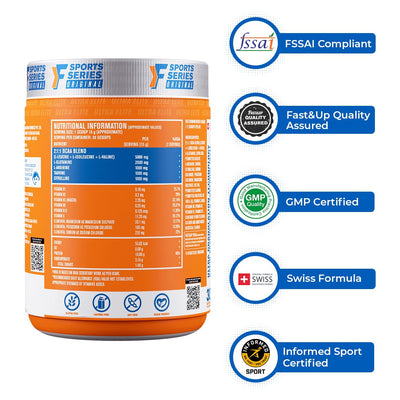 Fast&Up BCAA Advanced - 450 Gms, 30 Servings, (Orange Flavour) Informed Sport Certified BCAA that helps in Muscle Recovery & Endurance, BCAA (2:1:1) + Muscle Activators + Electrolytes