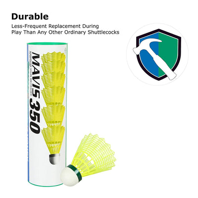 Yonex Mavis 350 Badminton Shuttlecocks | Color: Yellow | Size: Standard | Material: Nylon | Speed: Slow | Pack of 6 | For Unisex | Goose Feathers | Lightweight and Durable | Solid Cork Base | Ideal for all Professional Level Players