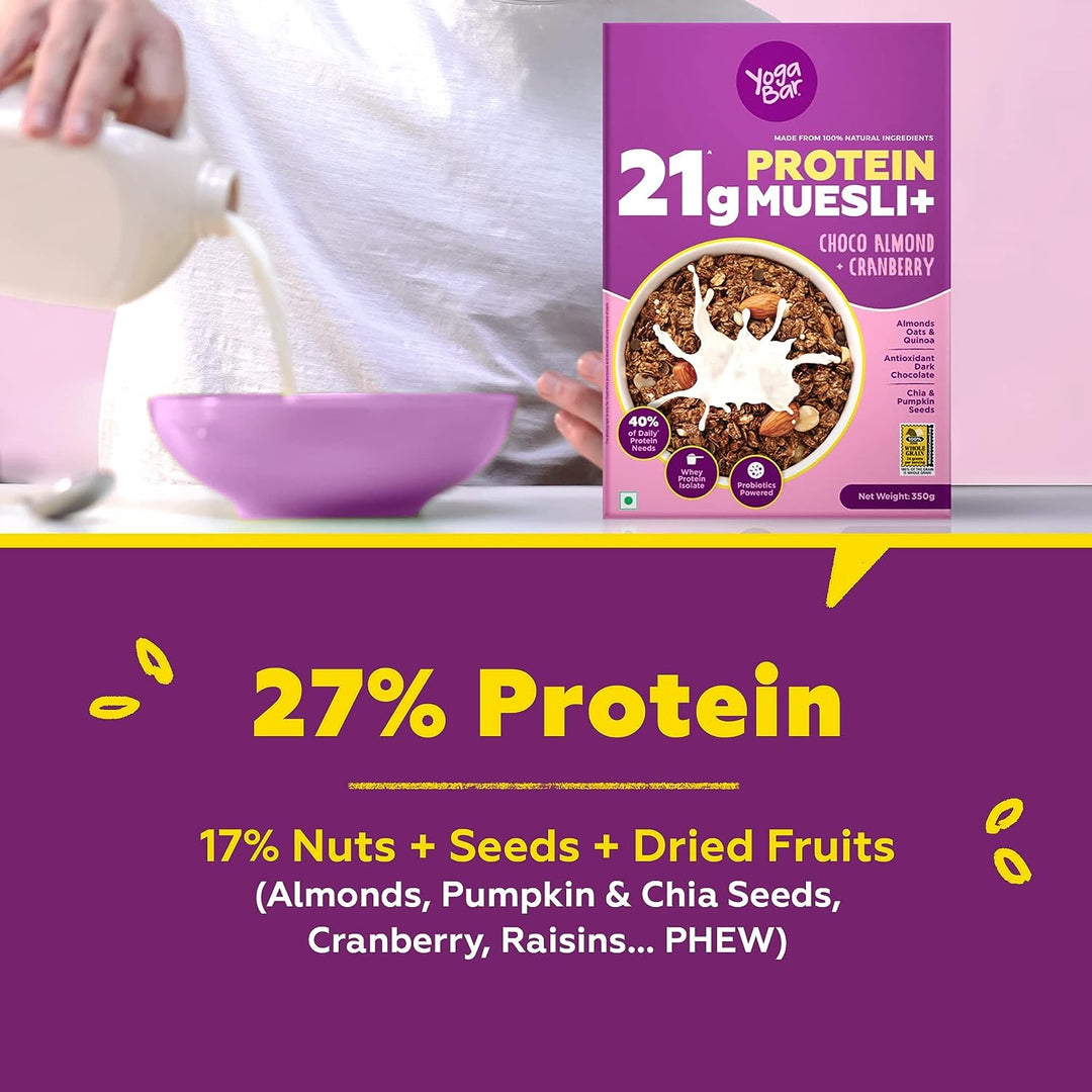 High Protein 21g Muesli 850g | Choco Almond & Cranberry | Protein Breakfast Cereals | Premium Whey Protein Isolate | Added Almonds & Probiotics with Dark Chocolate Muesli | Nuts | Seeds & Dry Fruits | No Preservatives