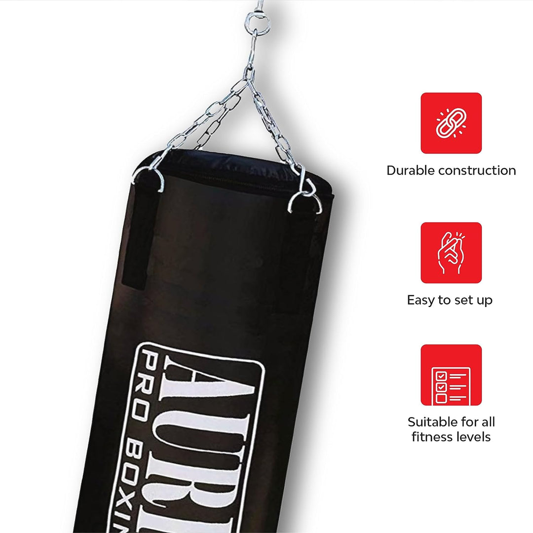 Aurion by 10Club 3 Feet Unfilled Synthetic Leather Punching Bag Combo | Boxing Bag with Boxing Hand Wrap & Hanging Chain | Boxing | MMA | Muay Thai | Kickboxing |Taekwondo - Black 3 Feet/36 Inches
