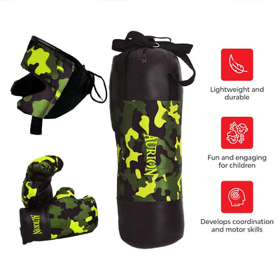 Aurion by 10Club Boxing Kit for Kids - Pack of 4 (Boxing Gloves | Head Guard & Punching Bag) | Boxing Play Set for 4-12 Year Olds (Camo Green)