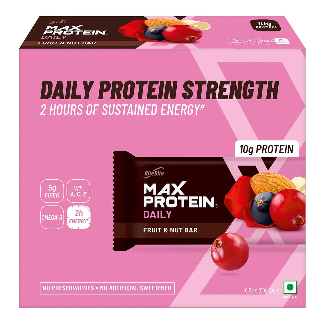 RiteBite Max Protein Daily 10g Fruit & Nut Protein Bars (Pack of 6), 300g