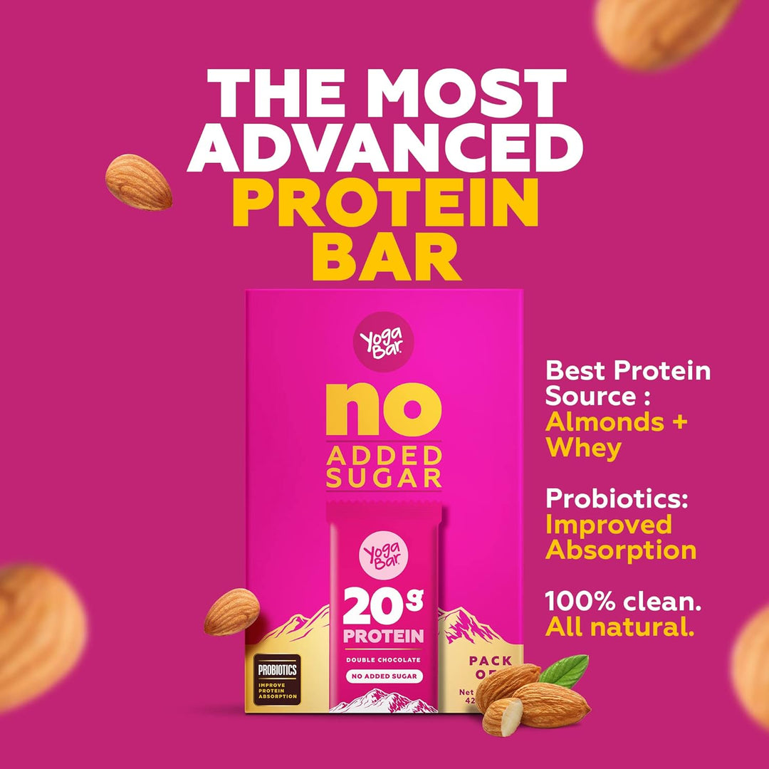 Yogabar No Added Sugar Double Chocolate Protein Bars | Pack of 6 | 420g