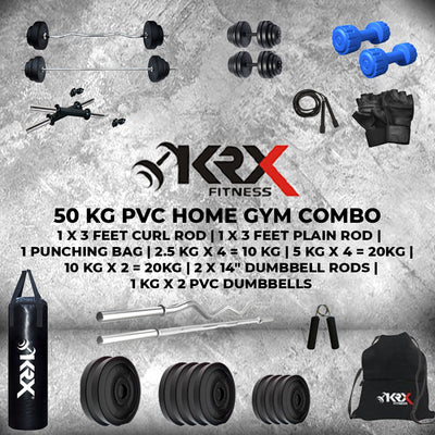 50 kg PVC Combo with Unfilled Punching Bag & PVC Dumbbells | Home Gym | ( 2.5 Kg x 4 = 10 Kg + 5 Kg x 4 = 20Kg + 10 Kg x 2 = 20Kg )