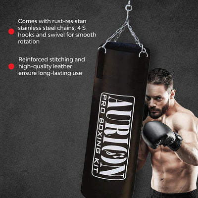 Aurion by 10Club 3 Feet Unfilled Synthetic Leather Punching Bag Combo | Boxing Bag with Boxing Hand Wrap & Hanging Chain | Boxing | MMA | Muay Thai | Kickboxing |Taekwondo - Black 3 Feet/36 Inches