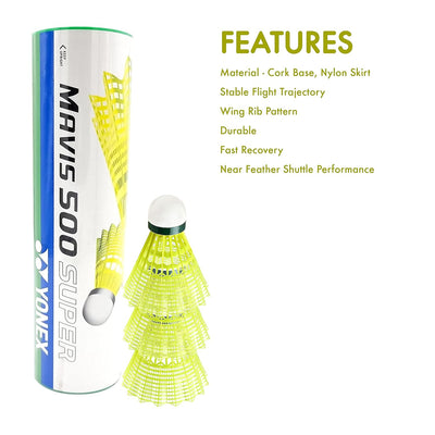 Yonex Mavis 500 Super Badminton Shuttlecocks | Color: Yellow | Size: Standard | Material: Nylon | Speed: Slow | Pack of 6 | For Unisex | Goose Feathers | Lightweight and Durable | Solid Cork Base | Ideal for all Professional Level Players