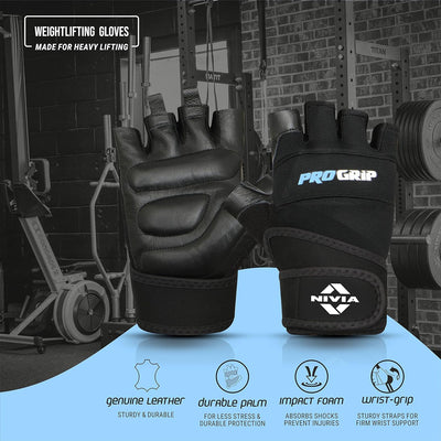 Nivia Pro Grip Genuine Leather Gloves,Gym Gloves for Men and Women Weightlifting Gloves,Stretch Fabric with Neoprene Strap, 1/2 Finger Durable Wight Lifting Gloves - Black