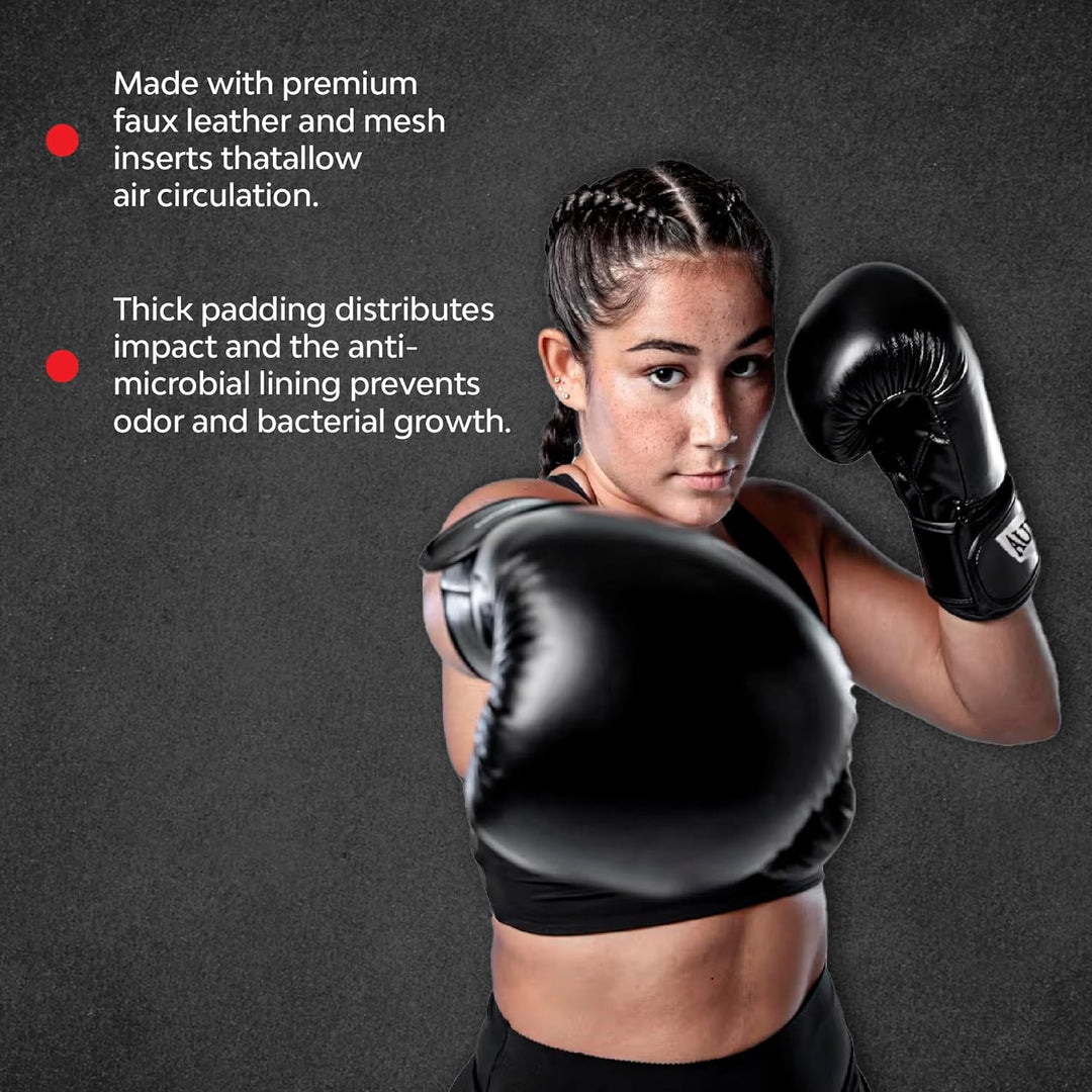 Aurion by 10Club Longlasting Faux Leather Pro Boxing Gloves - (Black | 10oz | 1pair) for Men and Women | Everlasting Boxing Gloves | Gym Equipment | Twin Punching Gloves | Sports Equipment | Kickboxing
