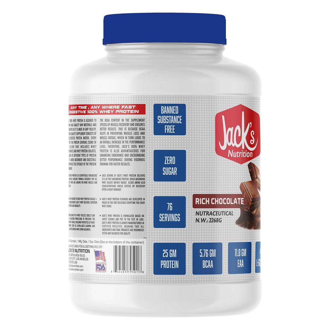 JACK'S NUTRITION Whey Protein 5Lb/2.27Kg | 25g Protein,| 11.8g EAA,| 5.76g BCAA,| 4.2g Glutamine| Low carb,| Zero Sugar | Gluten Free| -76 Servings- Lean Muscle protein (RICH CHOCOLATE)