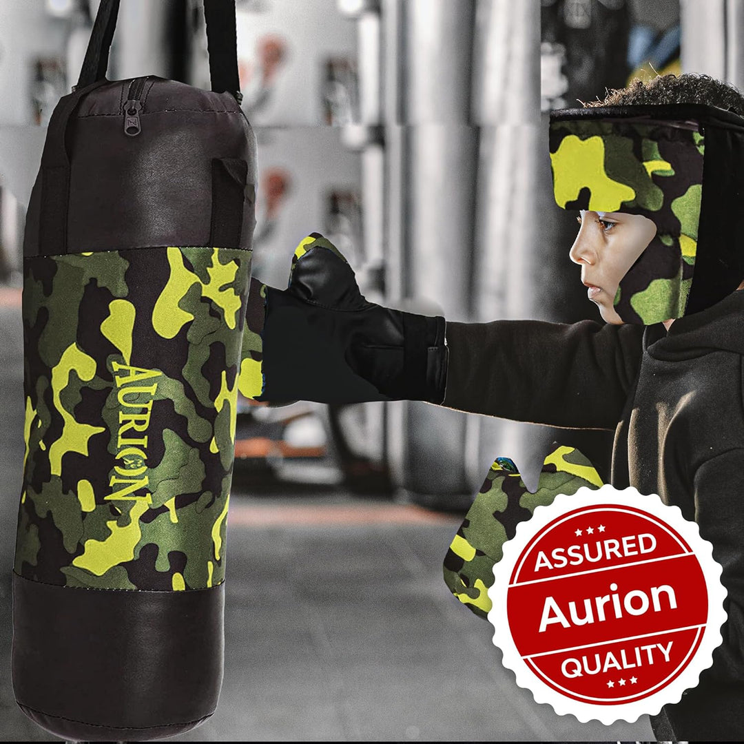 Aurion by 10Club Boxing Kit for Kids - Pack of 4 (Boxing Gloves | Head Guard & Punching Bag) | Boxing Play Set for 4-12 Year Olds (Camo Green)