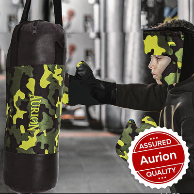 Aurion by 10Club Boxing Kit for Kids - Pack of 4 (Boxing Gloves | Head Guard & Punching Bag) | Boxing Play Set for 4-12 Year Olds (Camo Green)