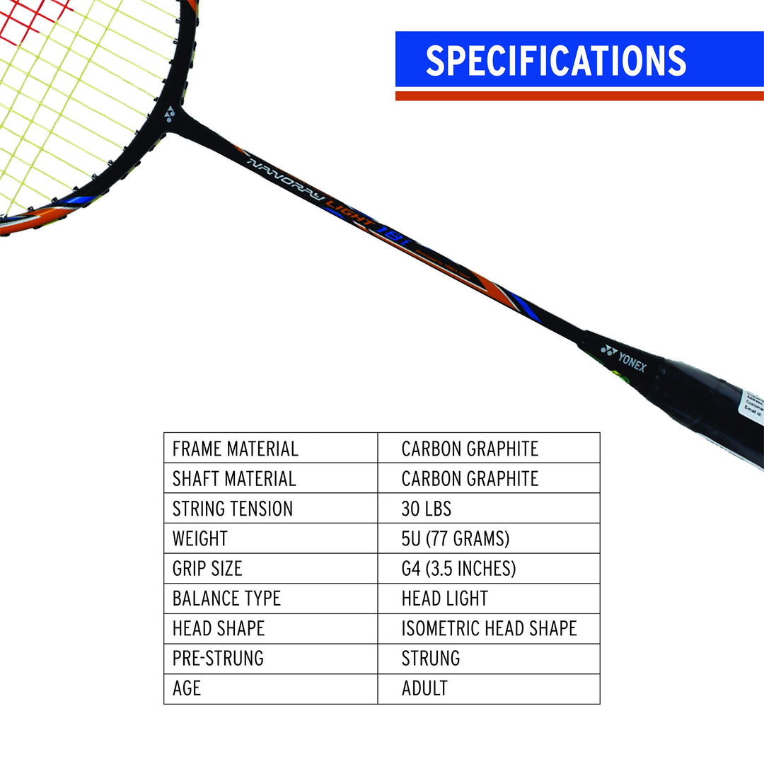 Yonex Nanoray Light 18i  Badminton Racquet | Color: Black | Size: G4-5U | Material: Graphite | With Full Cover | Ultra-Light Weight: 77 Gram | Tension: 30 Lbs | Nanoscience Technology | Isometric Head