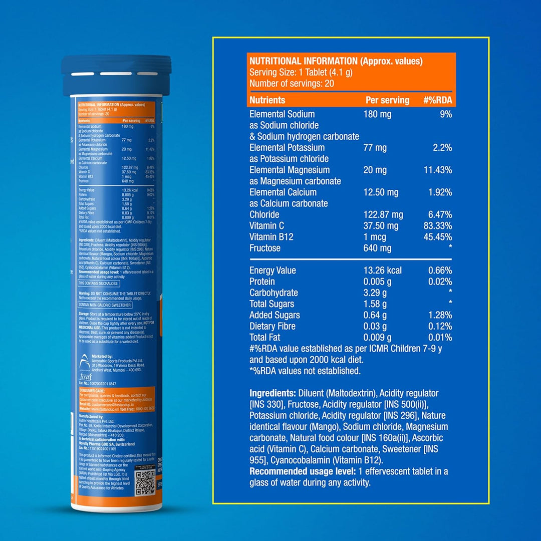 Fast&Up Reload (5 Litres) Low Sugar energy drink for Instant Hydration - 20 Effervescent Tablets with all 5 Essential Electrolytes + Added Vitamins - Certified Electrolytes Drink - Mango flavour