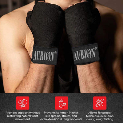 Aurion by 10Club Canvas Boxing Hand Wraps | 108 Inch Punching Hand Wraps with Velcro Closure - 1 Pair (Black)