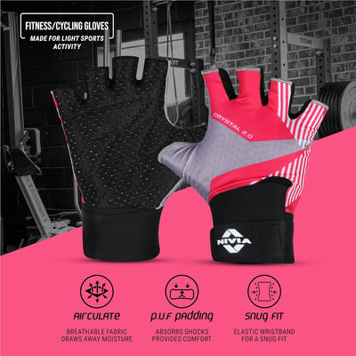 Nivia Crystal 2.0 with Strap Fitness Gloves for Men & Women, Gloves Gym Workout, Gym Accessories Men, Gym Gloves Men Workout, Sport Glove, Fitness Gloves, Hand Gloves Gym Men (Large) - Pink