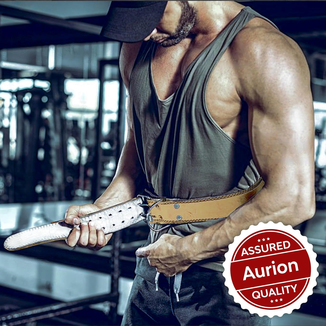 Aurion by 10Club Weight Lifting Gym Belt- Small | Leather Gym Belt for Workout with Padded Back Support | Dead Lift Belt - Tan