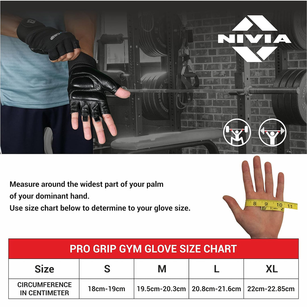 Nivia Pro Grip Genuine Leather Gloves,Gym Gloves for Men and Women Weightlifting Gloves,Stretch Fabric with Neoprene Strap, 1/2 Finger Durable Wight Lifting Gloves - Black