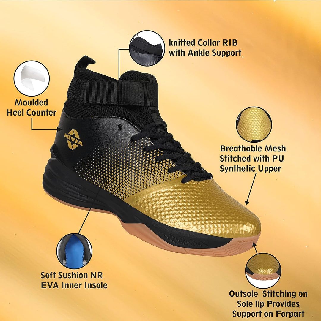 Men Tucana Gold Basketball | Shoes for Men with Breathable mesh Stitched for Better fit and Smooth | Comfortable Shoes | Knitted Collar Rib with Ankle Support