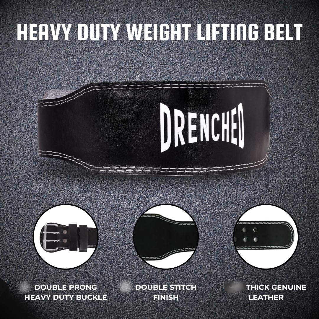 DRENCHED Weight Lifting Leather Belt for Men & Women-Large(4 inch Width)|Workout Gym Belt for Functional Fitness & Olympic Lifting Athletes | Support for Squat & Deadlift Training Belt | Black