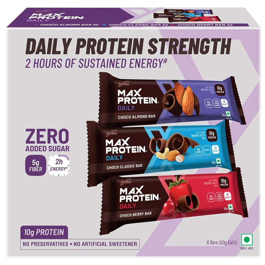 RiteBite Max Protein Daily Assorted 10g - Choco Almond x 2, Choco Berry x 2, Choco Classic x 2 Protein Bars(Pack of 6), 300g