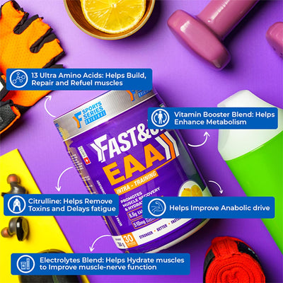 Fast&Up EAA Intra - Training/Workout drink (EAAx9) with BCAA+Electrolyte Blend+Vitamin Booster helps provide Muscle Recovery|Hydration|Performance 30 servings (Tangy Orange)