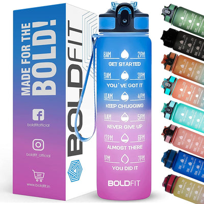 Boldfit 1 Litre Sipper Bottle For Adults, Kids Unbreakable Motivational Water Bottle Time Mark Sipper With Straw-Time For Office School Home Water Bottle for Kids -FuchsiaBlue (Plastic)