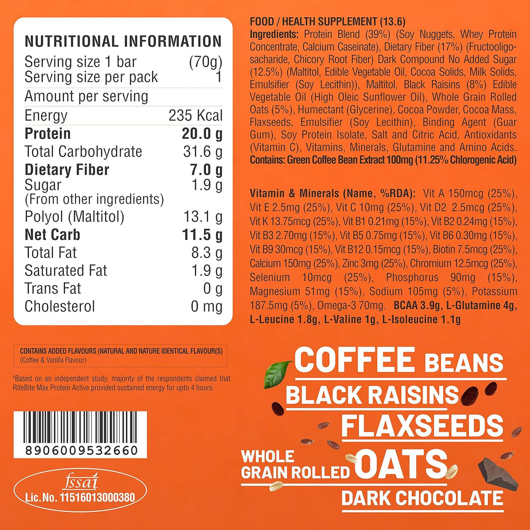 RiteBite Max Protein Active 20g Green Coffee Beans Protein Bars (Pack of 12), 840g