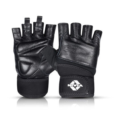 Nivia Venom Sports Gloves/Genuine Leather with Neoprene Strap/Impact Foam for Palm Protection/Half Finger Length Weight Lifting Gloves -Black (XL)