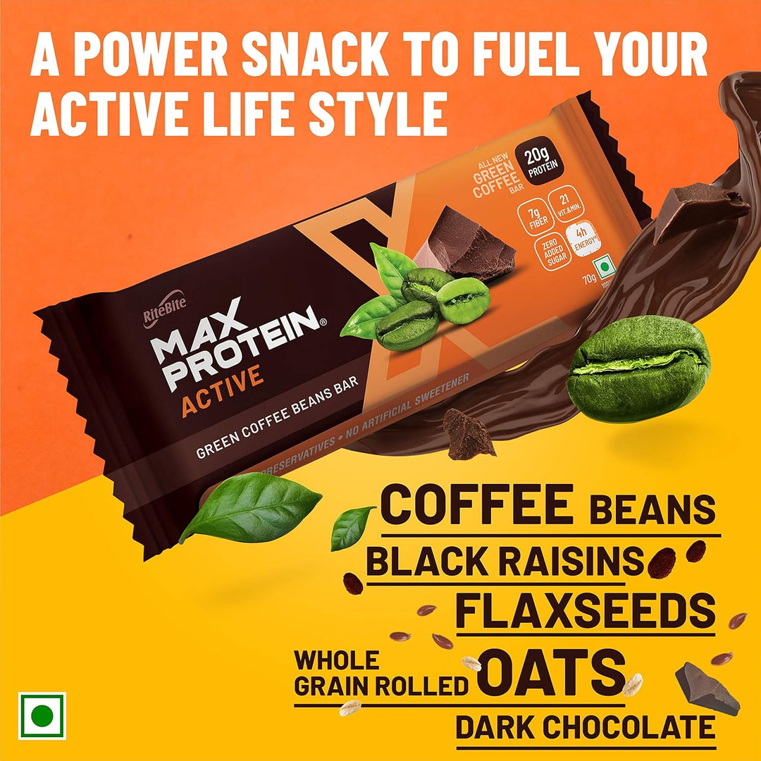 RiteBite Max Protein Active 20g Green Coffee Beans Protein Bars (Pack of 6), 420g