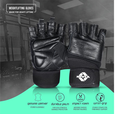 Nivia Venom Sports Gloves/Genuine Leather with Neoprene Strap/Impact Foam for Palm Protection/Half Finger Length Weight Lifting Gloves -Black (XL)