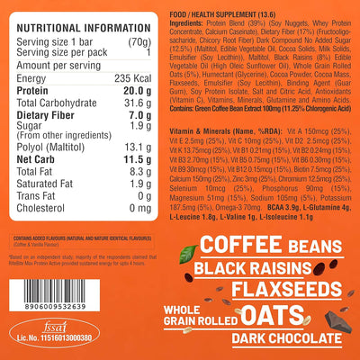 RiteBite Max Protein Active 20g Green Coffee Beans Protein Bars (Pack of 6), 420g