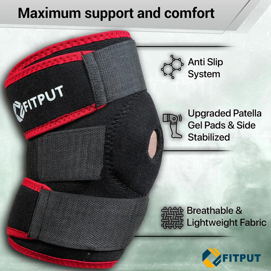 ALYV Adjustable Knee Cap For Men Women For Leg Pain Relief Products Knee Support Men Gym Knee Caps Open Patella Gel Pads Knee Brace Gym Accessories For Men.(Freesize,Red)