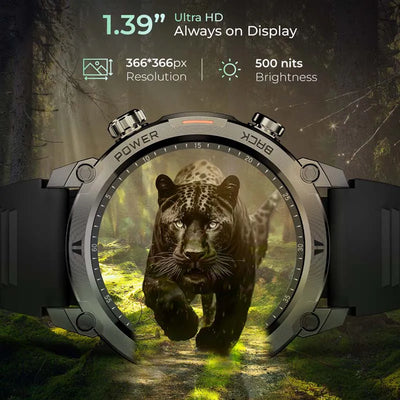 Terra 1.39” HD Display bluetooth calling Rugged smart watch | Metal body | Functional crown | 366*366px | 500 nits | 60Hz refresh rate | Always On Display | 100+ Sports modes | Health Tracking (Black)