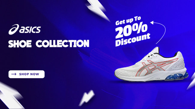 Brand Banner of ASICS showing its top products with offer callout.