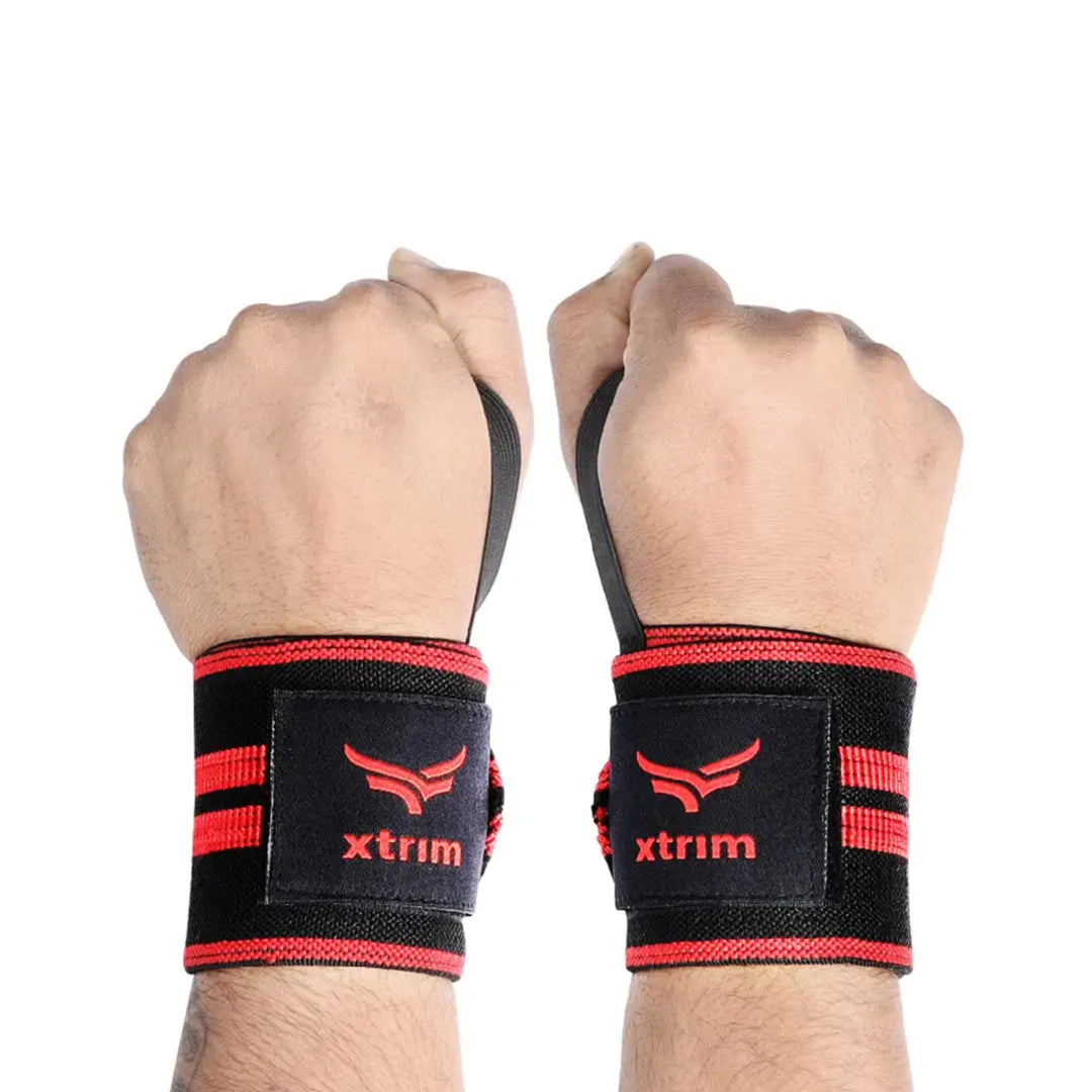 Wrist Supporter for Gym | Wrist Band for Gym Workout | Gym Wrist Support for Men & Women with Thumb Loop Straps | Made of Velcro and Elastic Band (Red | 18-inch | Set of 2)