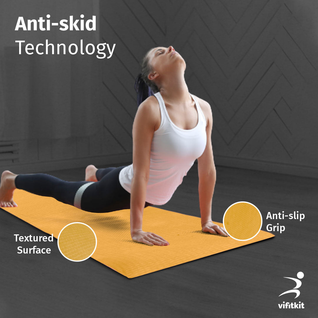 Yogamat for Women and Men | Anti-skid Exercise Mat for Gym Workout and Floor Exercise Long Size | Made in India - Mustard Yellow 6mm with Carry Strap