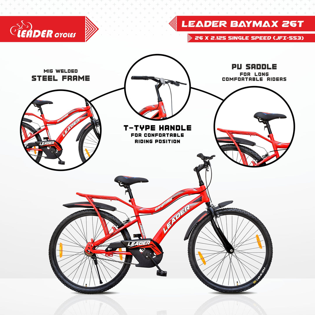 Leader Baymax 26T IBC Mountain Bicycle/Bike Without Gear Single Speed for Men - Ideal for 10+ Years (26T, RED)