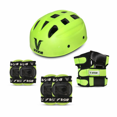 Skates & Cycling Guard Set for Sub Junior Players | Green (1 Helmet | 1 Pair of Elbow Guards | 1 Pair Knee Guards and 1 Pair of Palm Guards)