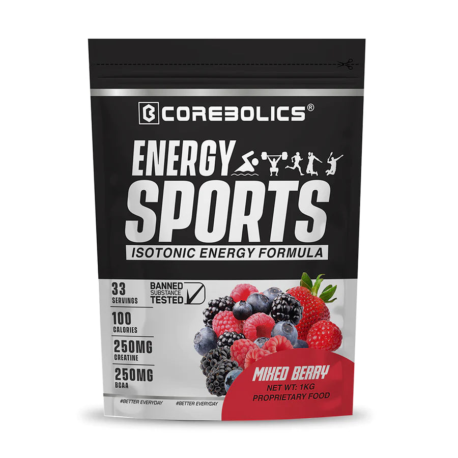 Energy Sports (Electrolyte Powder Fortified With Bcaa | Glutamine | Creatine Monohydrate And Vitamins) - Mixed Berry- 1 Kg