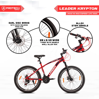 Leader Krypton 26T 21 Speed MTB Cycle | Free Pan India Installation| Dual Disc Brake and Front Suspension Ideal for 12+ Years