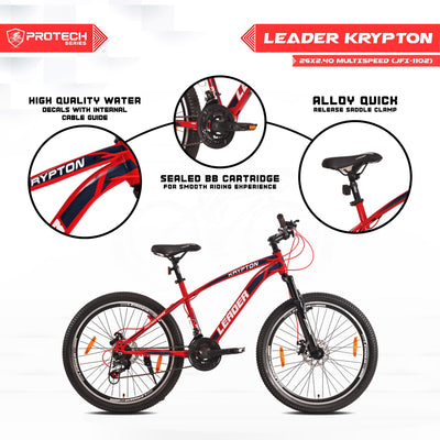 Leader Krypton 26T 21 Speed MTB Cycle | Free Pan India Installation| Dual Disc Brake and Front Suspension Ideal for 12+ Years