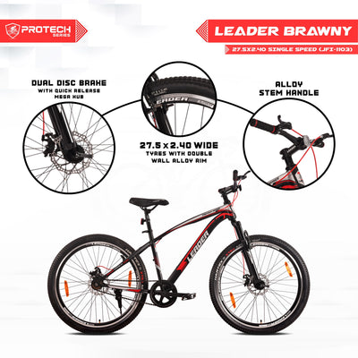 Leader Brawny 27.5T Single Speed MTB Cycle | Free Pan India Installation| Dual Disc Brake and Front Suspension Ideal for 12+ Years