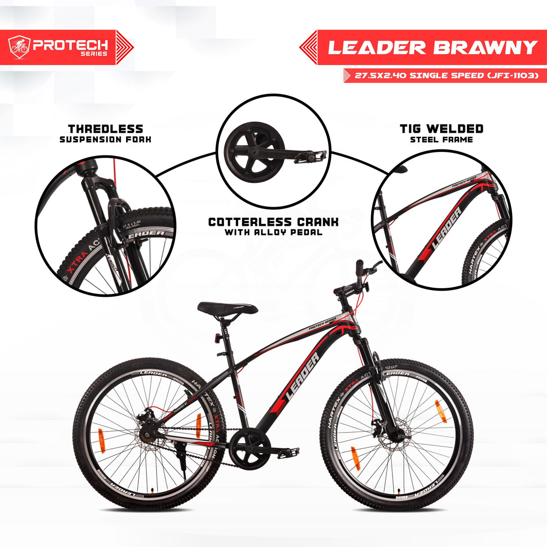 Leader Brawny 27.5T Single Speed MTB Cycle | Free Pan India Installation| Dual Disc Brake and Front Suspension Ideal for 12+ Years