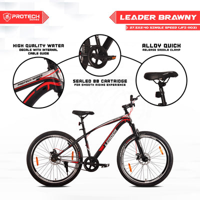 Leader Brawny 27.5T Single Speed MTB Cycle | Free Pan India Installation| Dual Disc Brake and Front Suspension Ideal for 12+ Years