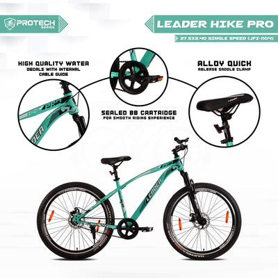 Leader Hike Pro 27.5T Single Speed MTB Cycle | Free Pan India Installation| Dual Disc Brake and Front Suspension Ideal for 12+ Years Unisex | Sea Green | Frame 18 Inch