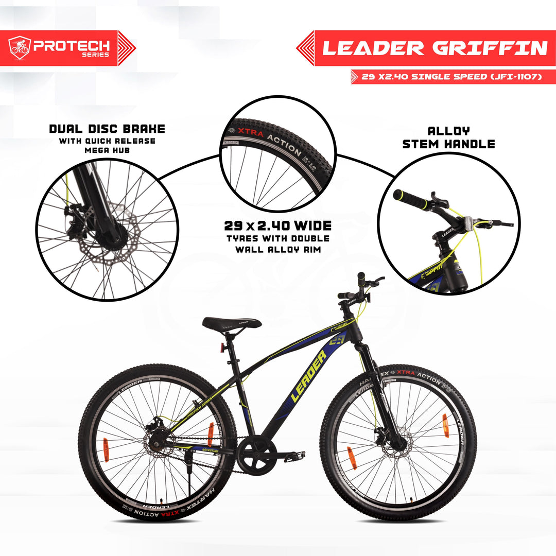 Leader Griffin 29T Single Speed MTB Cycle | Free Pan India Installation| Dual Disc Brake and Front Suspension Ideal for 12+ Years Unisex | 18 Inch Frame | Multicolor