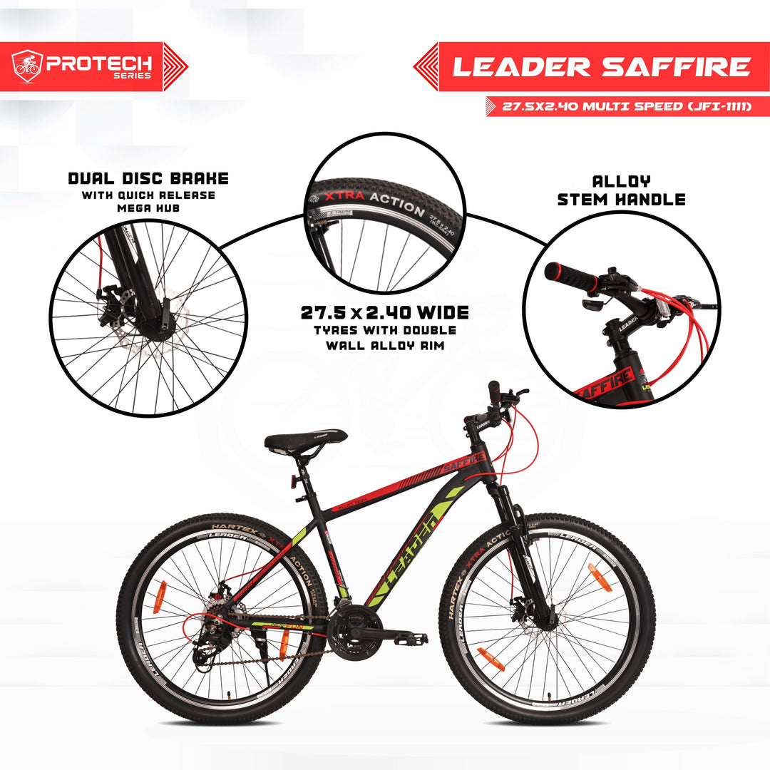 Leader Saffire 27.5T 21-Speed Alloy MTB Cycle | Free Pan India Installation| Dual Disc Brake and Front Suspension Ideal for 12+ Years