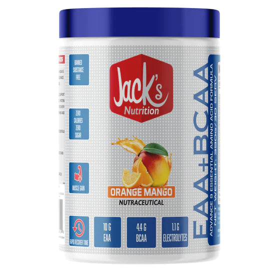 JACK'S NUTRITION EAA+BCAA Intra Workout/Post Workout 30Serving 390gm,10g EAA, 4.4g BCAA & 1.1g Electrolytes, 9 Essential Amino acids for Muscle Recovery & Growth (ORANGE MANGO