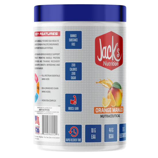 JACK'S NUTRITION EAA+BCAA Intra Workout/Post Workout 30Serving 390gm,10g EAA, 4.4g BCAA & 1.1g Electrolytes, 9 Essential Amino acids for Muscle Recovery & Growth (ORANGE MANGO